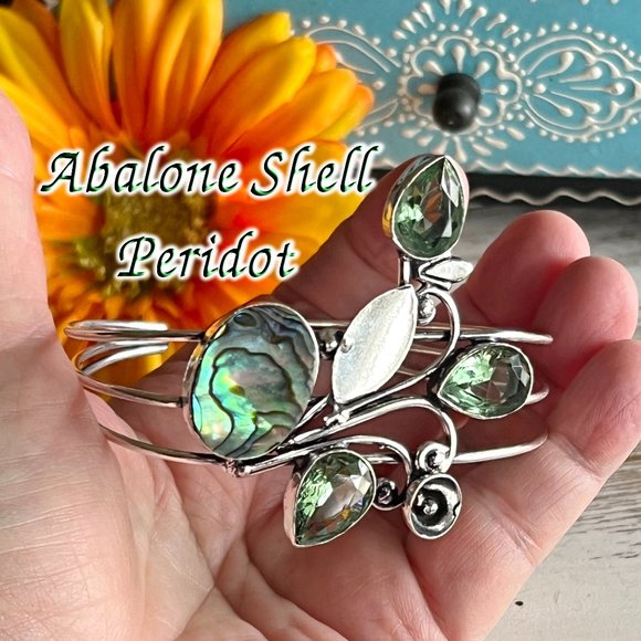 Abalone Shell Peridot Bangle Bracelet Handmade Stone Gemstone Crystal 925 Silver - Picture 2 of 13